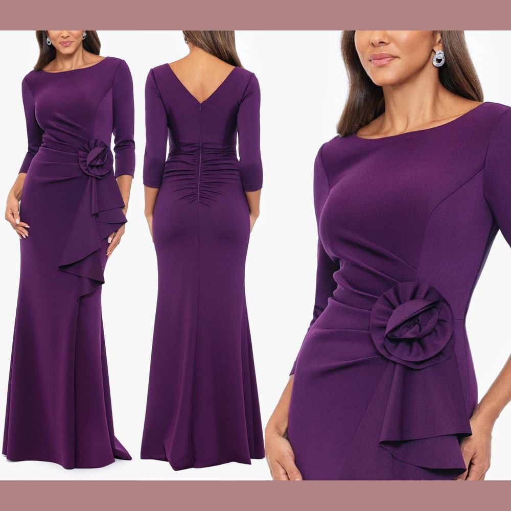 NWT $268 XSCAPE [ 6 ] Cynthia Scuba Crepe Rosette Detail Sheath Gown Plum Purple